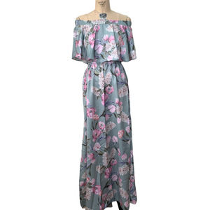 Show me your Mumu Maxi Dress Hawaii Orchid Summer Off Shoulder XS S NWT